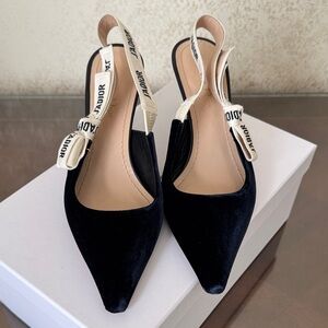 Dior Black Velvet Pointed Slingback Heels with J'Adior Ribbon